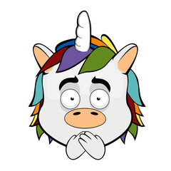 vector illustration face of a cartoon unicorn covering its mouth with its hands, in concept of making silence or keeping quiet