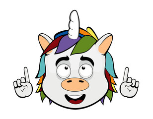 vector illustration face of a unicorn cartoon observing and pointing upwards