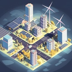 solar cell plant and wind generators in urban area connected to smart grid.Energy supply,eolic turbine,distribution of energy. generative ai