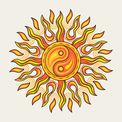 Sun with ying yang symbol. Concept of harmony and balance. Vector illustration in vintage style on white background. Solar sign, alchemy and astrology symbol. Good for groovy, hippie style
