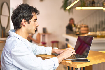 Caucasian millennial happily browsing on laptop at cozy cafe.