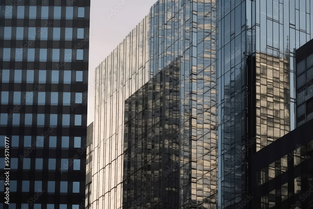 Wall mural city skyline with tall buildings and a blue sky background. Generative AI