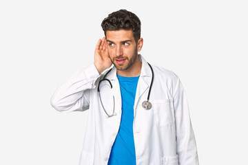 Young doctor man trying to listening a gossip.