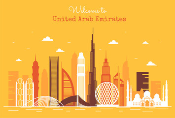 Obraz premium UAE city concept. United Arab Emirates town, skyscrapers silhouettes. Urban architecture, building facade and exterior. Cityscape with all famous buildings. Cartoon flat vector illustration