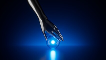 3d render, abstract metallic mannequin hand, bright light glows inside the glass ball, isolated on dark blue background. Scientific minimalist wallpaper, ecological energy source concept