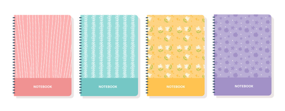 Trendy notebooks covers set. Collection of diaries pink, yellow, purple and blue color. School supplies and space for notes, memo. Cartoon flat vector illustrations isolated on white background