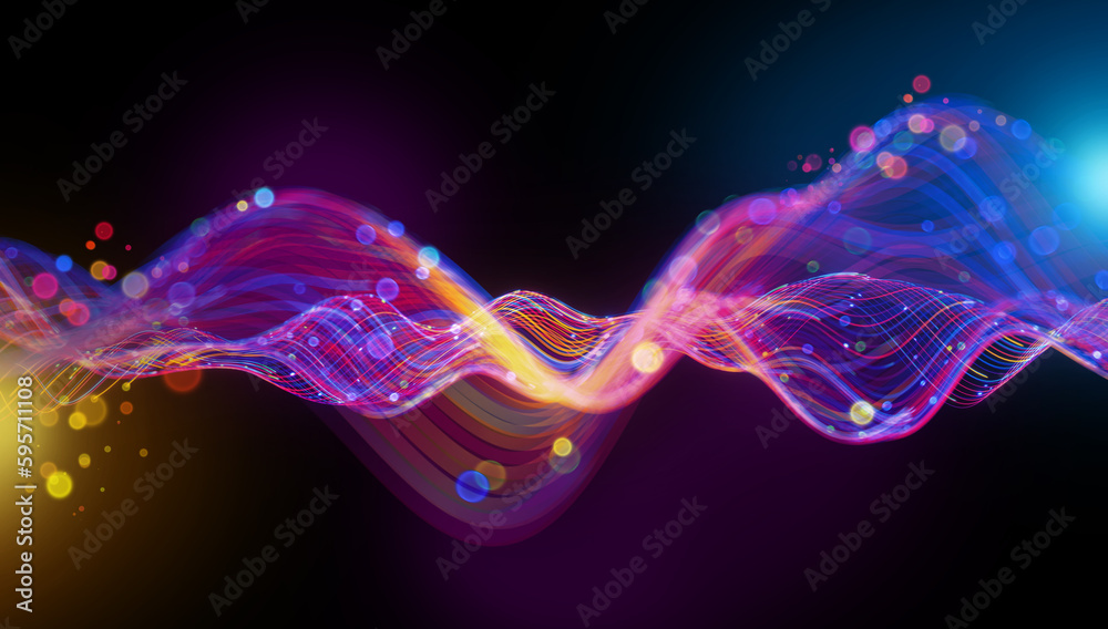 Wall mural 3d render, abstract neon background with glowing wavy lines and colorful bokeh lights