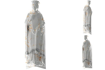 Elegant Queen of Sheba 3D render with white marble and gold material, perfect for luxury apparel and album covers.