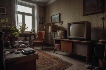 Old-style socialist living room with classic television mockup. Generative AI - obrazy, fototapety, plakaty
