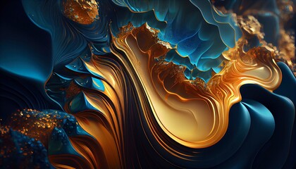 Fototapeta na wymiar Abstract Golden Blue Jade Wallpaper, Luxurious Aesthetic, Rich Hues, Elegant Pattern, Toon Shading, Flat Colors, Simplified Shapes, Bold Outlines, Dynamic Poses, Soft Shadows. Generative AI