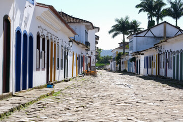 Old town, houses and cobblestone Paraty, State of Rio de Janeiro, Brazil. Selective focus.