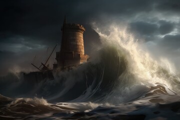 solitary lighthouse standing strong in the midst of a raging stormy sea. Generative AI