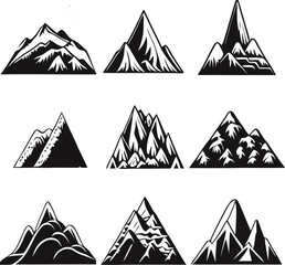 Mountain landscape element set. Summer mountains. Rocky mountains logo. Mountain peak silhouette. Rocky tourism icon. Rock mountain shape. Monochrome engraved rock ridge. Vector illustration.