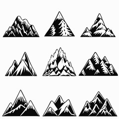 Mountain landscape element set. Summer mountains. Rocky mountains logo. Mountain peak silhouette. Rocky tourism icon. Rock mountain shape. Monochrome engraved rock ridge. Vector illustration.