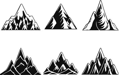 Mountain landscape element set. Summer mountains. Rocky mountains logo. Mountain peak silhouette. Rocky tourism icon. Rock mountain shape. Monochrome engraved rock ridge. Vector illustration.