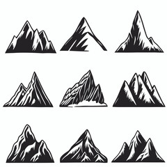 Mountain landscape element set. Summer mountains. Rocky mountains logo. Mountain peak silhouette. Rocky tourism icon. Rock mountain shape. Monochrome engraved rock ridge. Vector illustration.