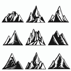 Mountain landscape element set. Summer mountains. Rocky mountains logo. Mountain peak silhouette. Rocky tourism icon. Rock mountain shape. Monochrome engraved rock ridge. Vector illustration.