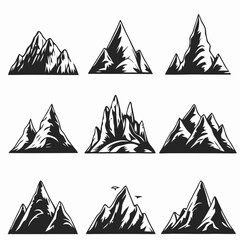 Mountain landscape element set. Summer mountains. Rocky mountains logo. Mountain peak silhouette. Rocky tourism icon. Rock mountain shape. Monochrome engraved rock ridge. Vector illustration.