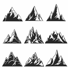 Mountain landscape element set. Summer mountains. Rocky mountains logo. Mountain peak silhouette. Rocky tourism icon. Rock mountain shape. Monochrome engraved rock ridge. Vector illustration.