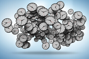 Time management concept with many clocks