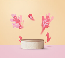 podium with pink flowers paper cut, and glass effect