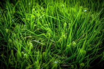 Fototapeta premium close-up of fresh green grass blades in the sunlight. Generative AI