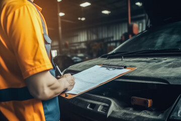 Mechanic inspecting a car and holding a clipboard with insurance data. Generative ai