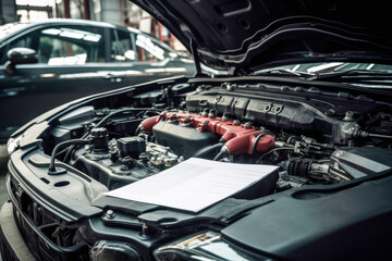 Fototapeta na wymiar Car inspection of a car engine with clipboard. Generative ai