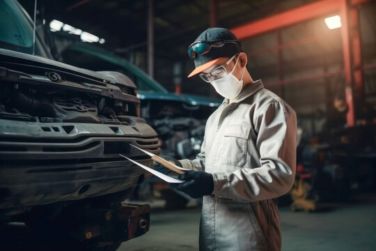 Mechanic inspecting a car and holding a clipboard with insurance data. Generative ai