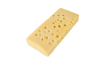 Swiss cheese isolated transparent png. Emmental or emmentaler yellow piece with eyes or round holes. 