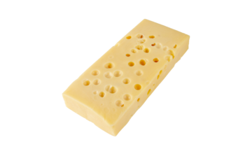 Swiss cheese isolated transparent png. Emmental or emmentaler yellow piece with eyes or round holes. 
