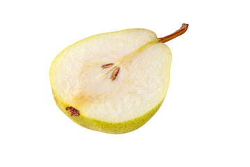 Rocha pear half cut fruit isolated transparent png. Yellow green spotted fruit with seeds.