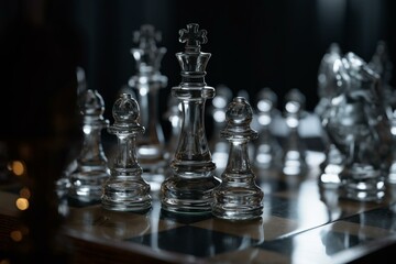 3D chess pieces on transparent board. Generative AI