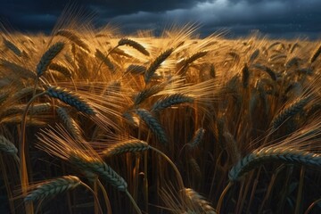 Wheat Field with Dramatic Cloudy Sky. Generative AI