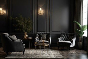 Luxurious dark living room with grey armchair, vintage & black wall mockups. 3D rendering. Generative AI