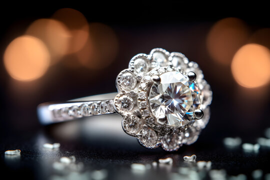 Close-up of diamond engagement ring studio shot with bokeh background. Generative AI. 