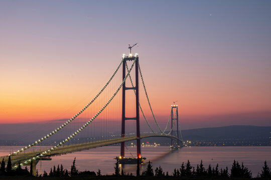 1915 Canakkale Bridge in Canakkale, Turkey. World's longest suspension bridge opened in Turkey. Turkish: 1915 Canakkale Koprusu. Bridge connect the Lapseki to the Gelibolu.