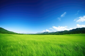 Fototapeta premium scenic green field with majestic mountains in the background. Generative AI