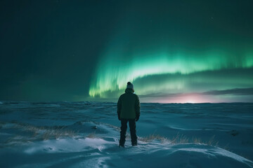 man enjoying the auroras borealis phenomenon lighting the sky.