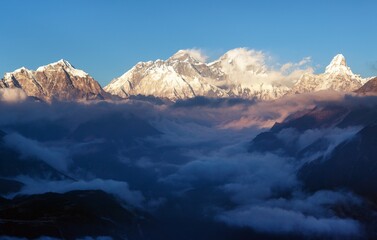 Evening sunset red colored view of mount Everest