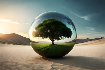 green nature in a glass ball in a dry desert, Generative AI