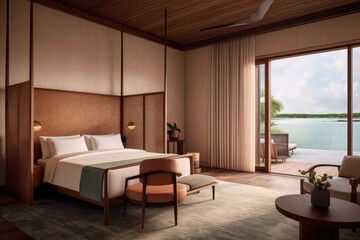 Fototapeta premium cozy bedroom with natural light coming from a large window. Generative AI