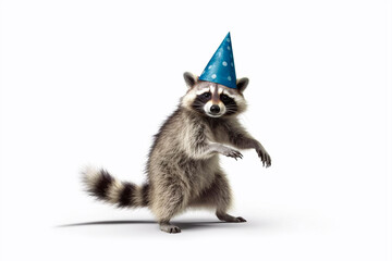 Funny raccoon dancing in a birthday hat. A raccoon celebrates his birthday in a hat and dances in confetti isolated on white background.