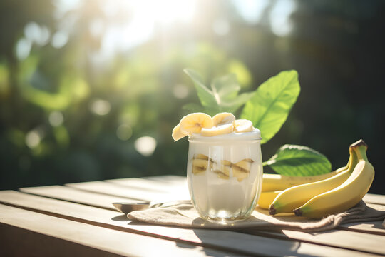 Banana smoothie in glass jar on wooden table with green blurred natural background under sunlight. Generative AI