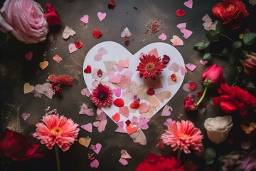 Valentine's Day postcard with blooms and heart. Generative AI