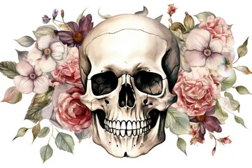 Foto op Plexiglas Aquarel doodshoofd skull and flowers in watercolor painting style. Generative AI