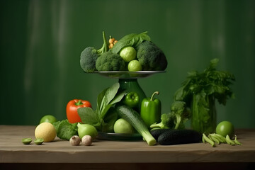 Fresh green vegetables balance on the table. Food balance for dieting on green background. Generative AI