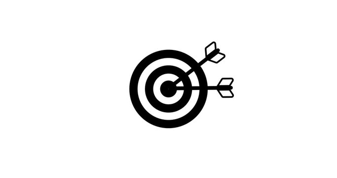 Hit a target or goal with an arrow simple loop animation on white background. Aim target with arrow sign. Archery, darts or goal strategy. The yellow, blue and purple icon in the circle button.