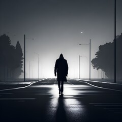 Silhouette of a person walking on the road, generative AI