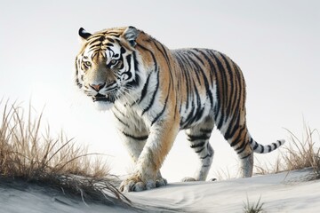 Fototapeta na wymiar 3D digital art of solitary tiger hunting, on white background. Generative AI